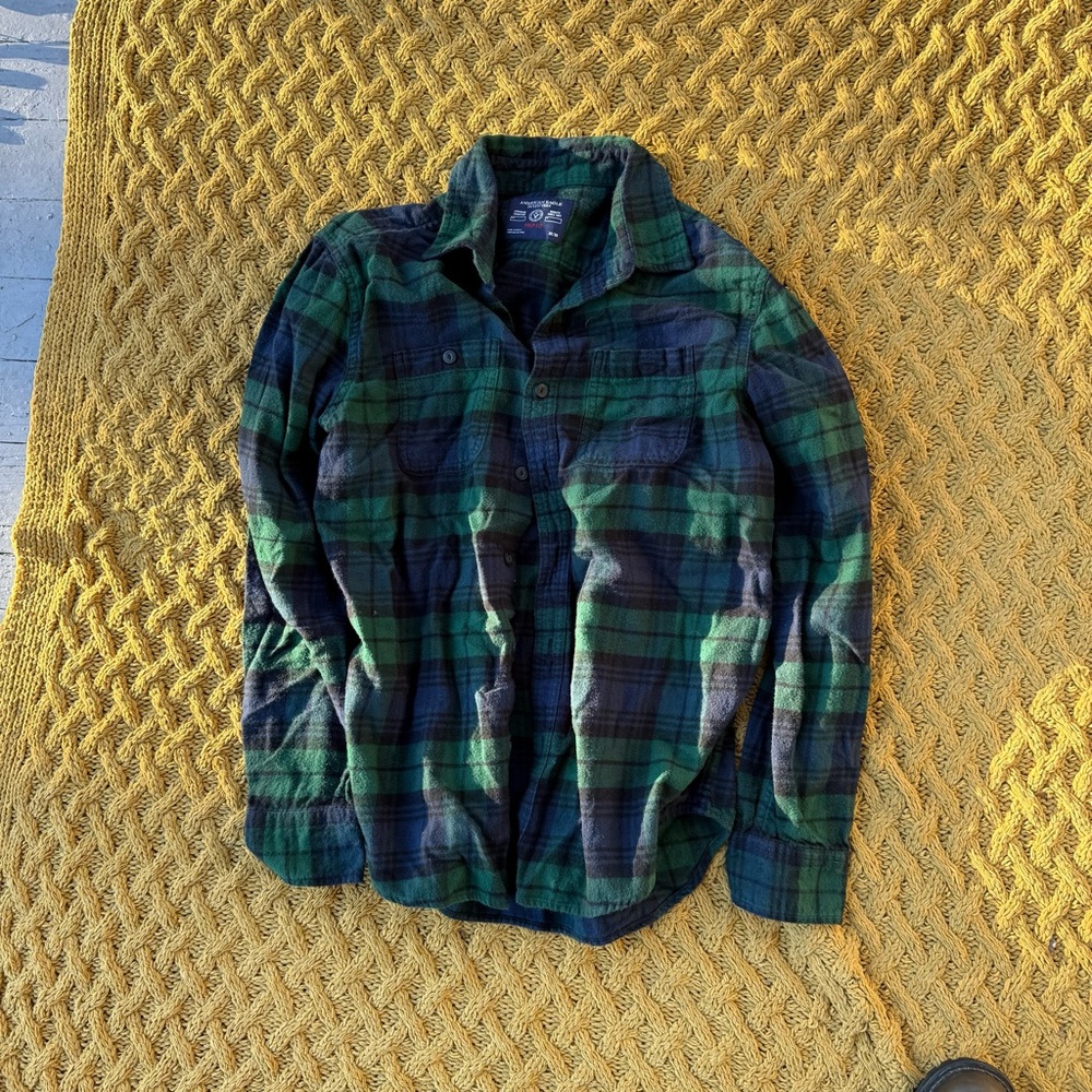 American Eagle Outfitters Prep Fit Plaid Flannel Long Sleeve Shirt Mens M Green‎
